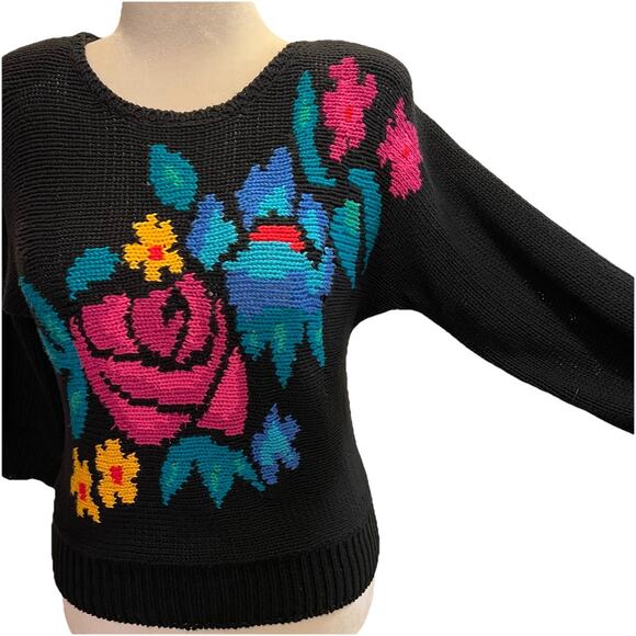 Jimmy Garcia NY Womens Sweater Vtg M Hand Loomed Black Floral Shoulder Pads 80s - Picture 2 of 8
